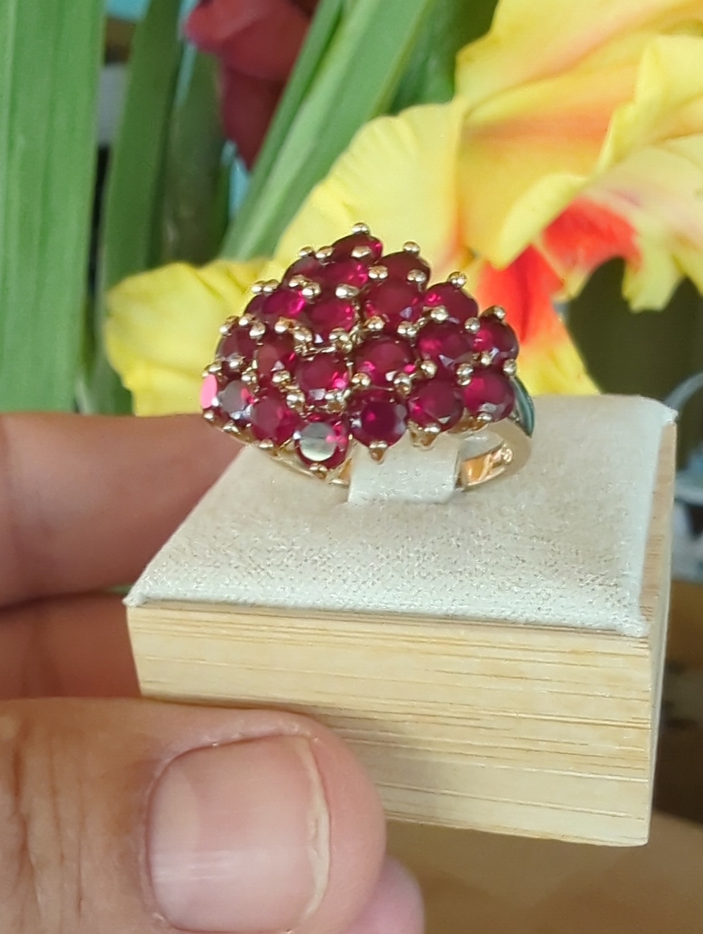 Vintage Ruby Cluster Ring, 925 Sterling Silver, Gold Plated, Size 7